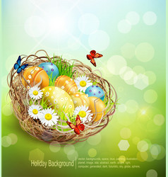 Background With Easter Nest And Eggs On Spring Bac