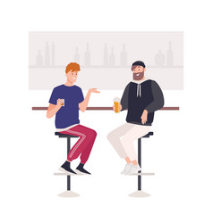 Pair Happy Friends Sitting On Stools At Bar