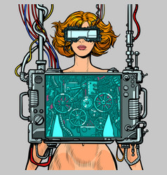 Cyberpunk Female Robot Wearing Virtual Reality