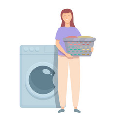 Woman With Clothes Basket Near The Washing Machine