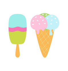 Cartoon Set Of Ice Cream In Waffle Cone And On