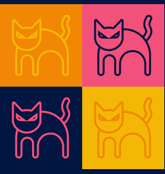 Pop Art Line Black Cat Icon Isolated On Color