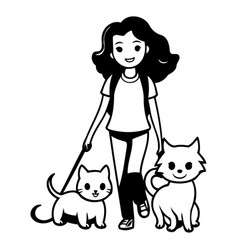 A Woman Walking With Her Pets Cute Cartoon