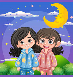 Two Friends At The Garden At Night Wearing Pajamas