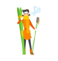 Woman Holding Skis And Wearing Goggles