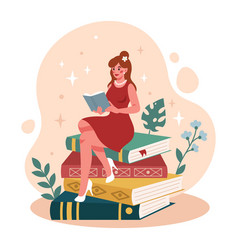 Woman Reading Book Girl Sitting On Textbooks