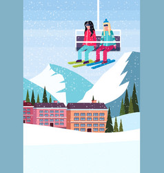 Women Couple Skiers On Chairlift Ski Resort Hotel