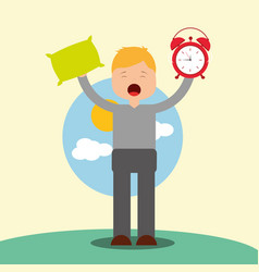 Young Boy Waking Up Holding Pillow And Clock