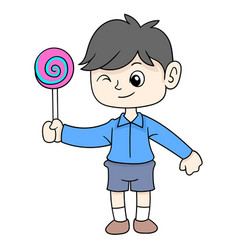 Boy Kid Standing Holding Delicious Lollipop Candy