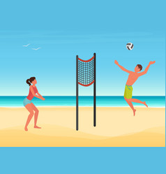 Couple People Play Volleyball On Summer Sea Beach