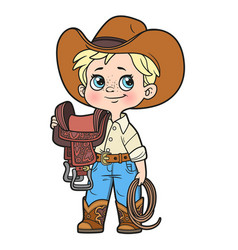 Cute Cartoon Boy Cowboy In Hat Holding Saddle