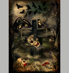 Happy Halloween Card Skulls And Crows In Night