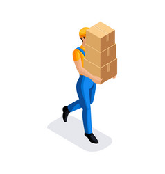 Isometric Man In Uniform Has Many Cardboard Boxes