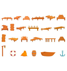 Wooden Pier Icons Set Cartoon Sea Water