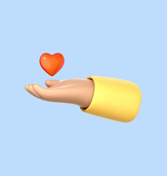 3d Cartoon Hand With Red Heart Isolated On Blue