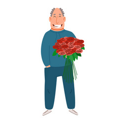 A Gray-haired Man In Tracksuit With Flowers