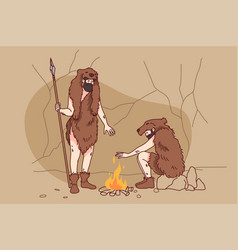 Cavemen Setting Fire In Nature