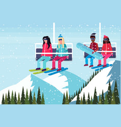 Mix Race Couples Skiers On Chairlift Ski Resort