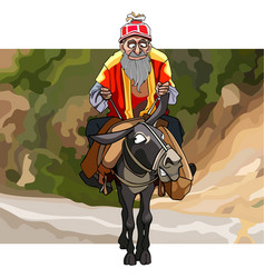 Cartoon Old Man With A Beard Rides Donkey