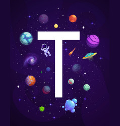 Cartoon Space Letter T Galaxy Planets Astronaut