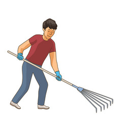 Boy Picking Up Trash With Rake