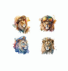 Watercolor Set Of Cute Lion Face Hand-drawn