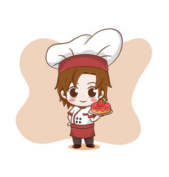 Cute Chef Boy Holding Strawberry Cake Cartoon