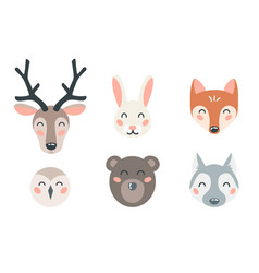 Cute Forest Animal Faces Set On Isolated White