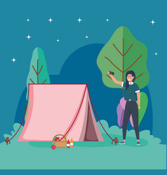 Woman Taking Selfie Night Tent Camping Picnic