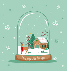 House With Reindeer And Tree Inside Snow Globe