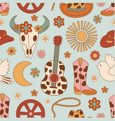 Seamless Pattern With Guitar Cow Skull Boot