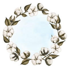 Watercolor Hand Drawn Realistic Cotton Wreath