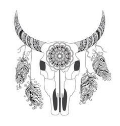 Decorated Cow Skull With Mandala And Feathers