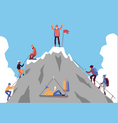 Cartoon man climbing a mountain with safety Vector Image