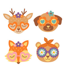 Set Of Isolated Retro Animal Faces Deer Dog Fox