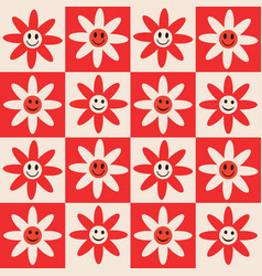 Checkered Retro Smiley Flowers Seamless Pattern