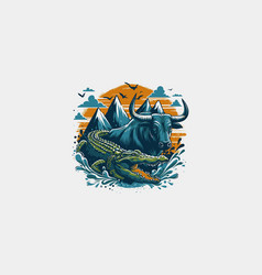 Bull And Crocodile On Mountain Artwork Design