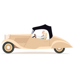 Happy Elderly Man Driving Beige Car Old Retro