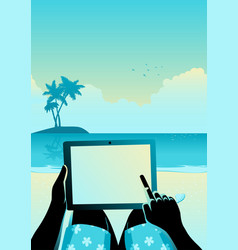 Man Using Tablet Computer On Tropical Beach