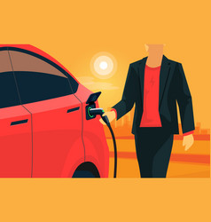 Electric Car Charging With Man Holding Charger