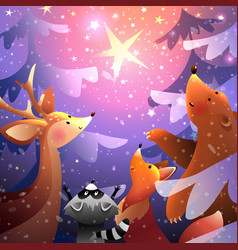 Winter Night Animals In Woods Looking Stars In Sky