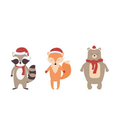 Set Cute Animals Fox Racoon Bear In Christmas