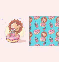 Cute Lion With Cake And Pattern Set