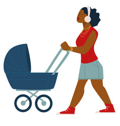 Afro American Woman With Pram Listening Music