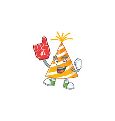 Yellow Party Hat Cartoon With A Red Foam Finger