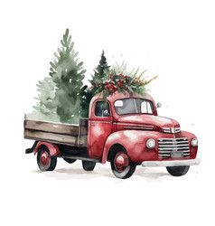 Red Truck Christmas With Pine Tree Element