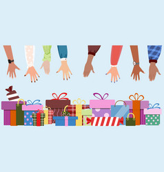 Diverse Human Hands Reaching Out For Gift Boxes