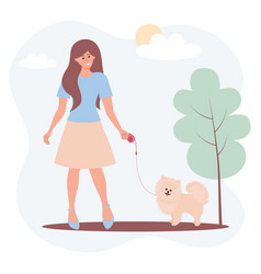 Woman Walking Spitz Dog On A Leash