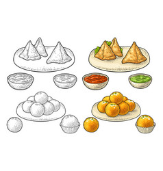 Samosa On Board With Sauces In Bowl Color