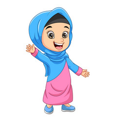 Happy Muslim Girl Cartoon Waving Hand